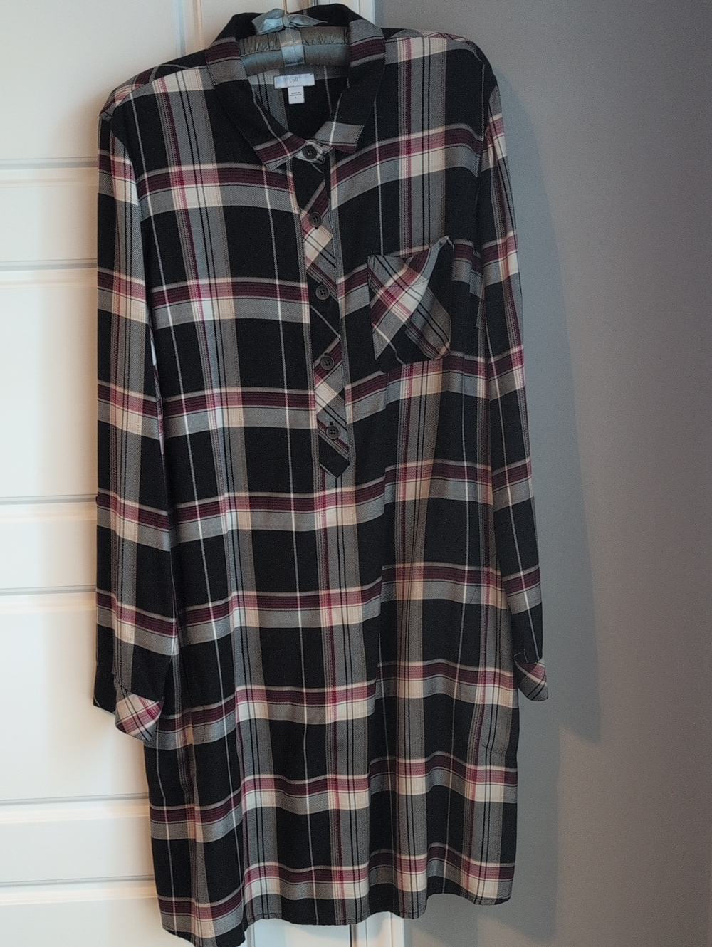 J. Jill Long Sleeve Plaid Shirt Dress in Black, Gray, Cream, and Red